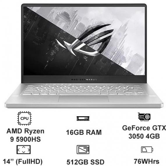 Máy tính xách tay Asus GA401Q R9 5900HS/16GB/512GB SSD/RTX3050 4GB/14" FHD IPS/FP/Túi/Win 10/Trắng/2YW_GA401QC-HZ100T